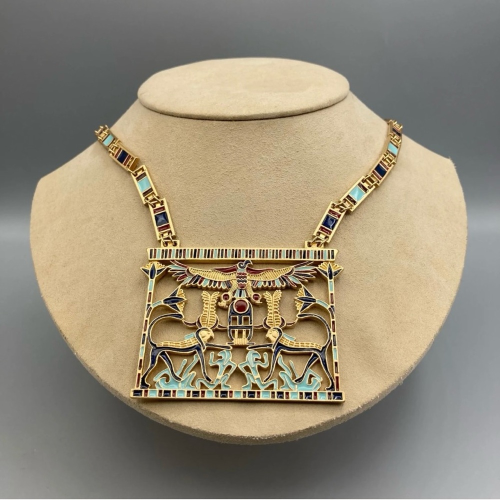 D'Orlan Egyptian Revival Pectoral Of Mereret Enamel Pendant Necklace